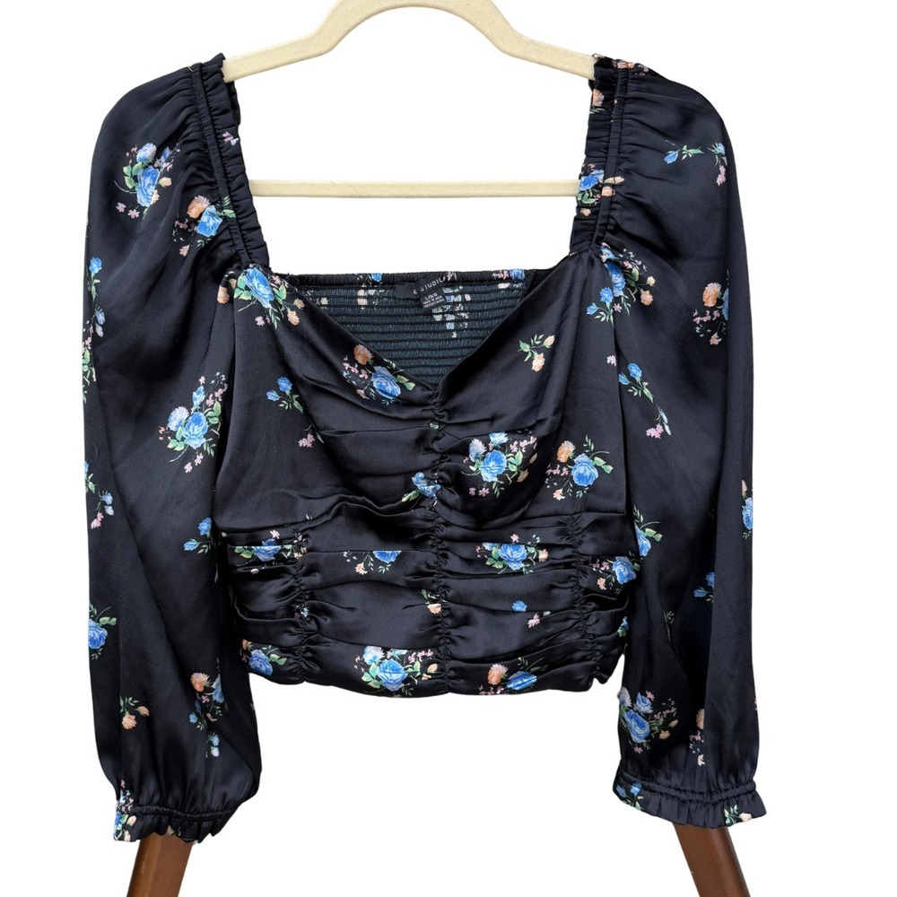 AE Studios Floral Milkmaid Top Large Satin Puff Sleeves Smocked Crop Romantic